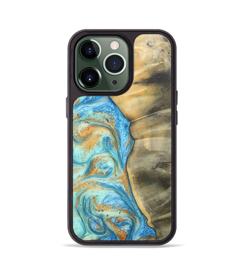 iPhone 13 Pro Wood+Resin Phone Case - Malik (Teal & Gold, 686585)