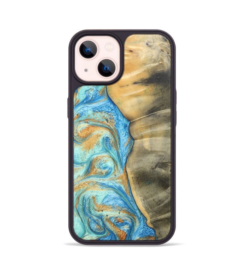 iPhone 14 Wood+Resin Phone Case - Malik (Teal & Gold, 686585)