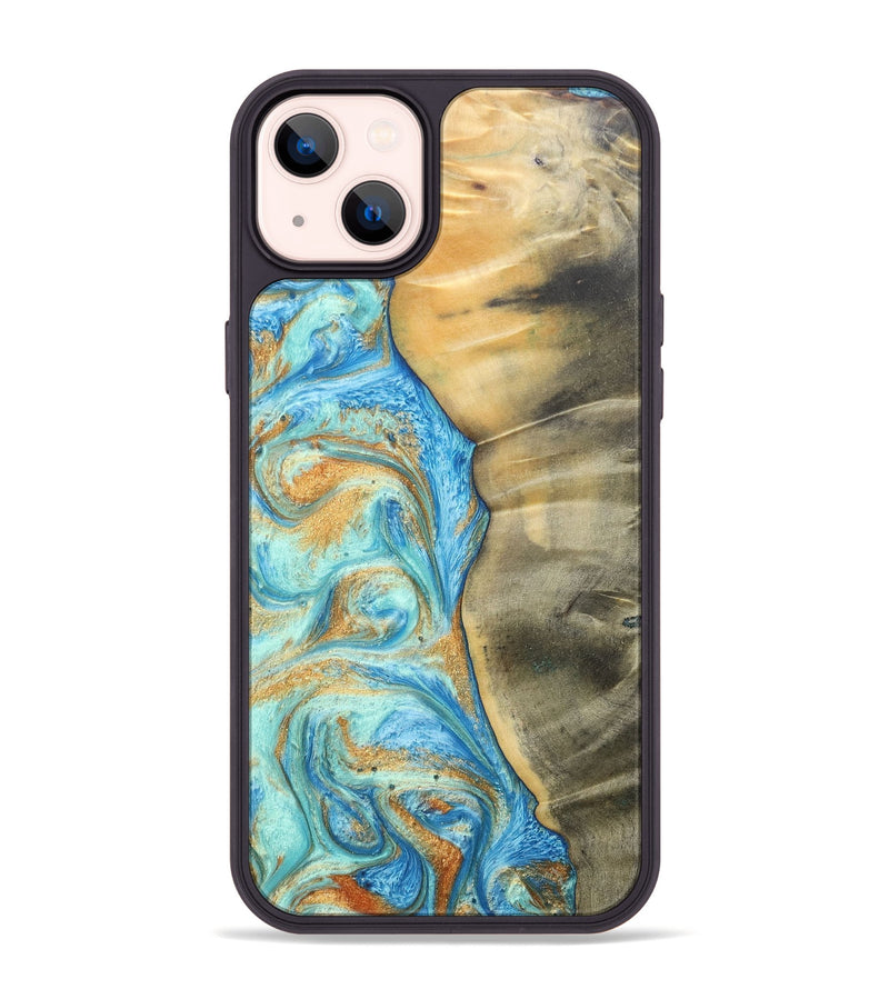 iPhone 14 Plus Wood+Resin Phone Case - Malik (Teal & Gold, 686585)