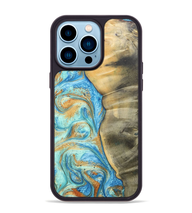 iPhone 14 Pro Max Wood+Resin Phone Case - Malik (Teal & Gold, 686585)