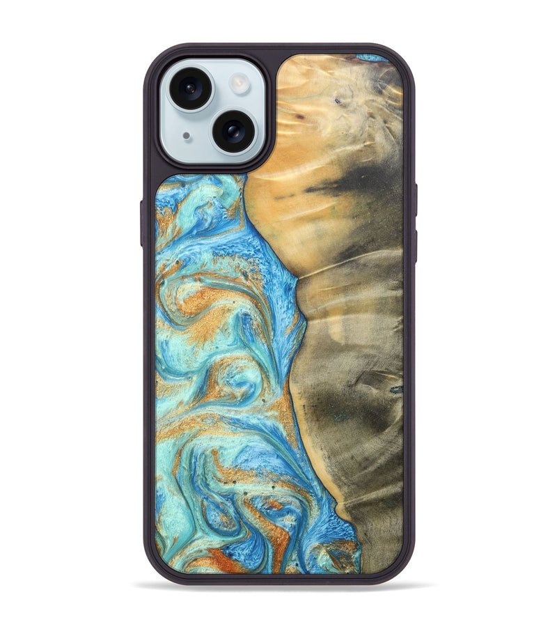 iPhone 15 Plus Wood+Resin Phone Case - Malik (Teal & Gold, 686585)