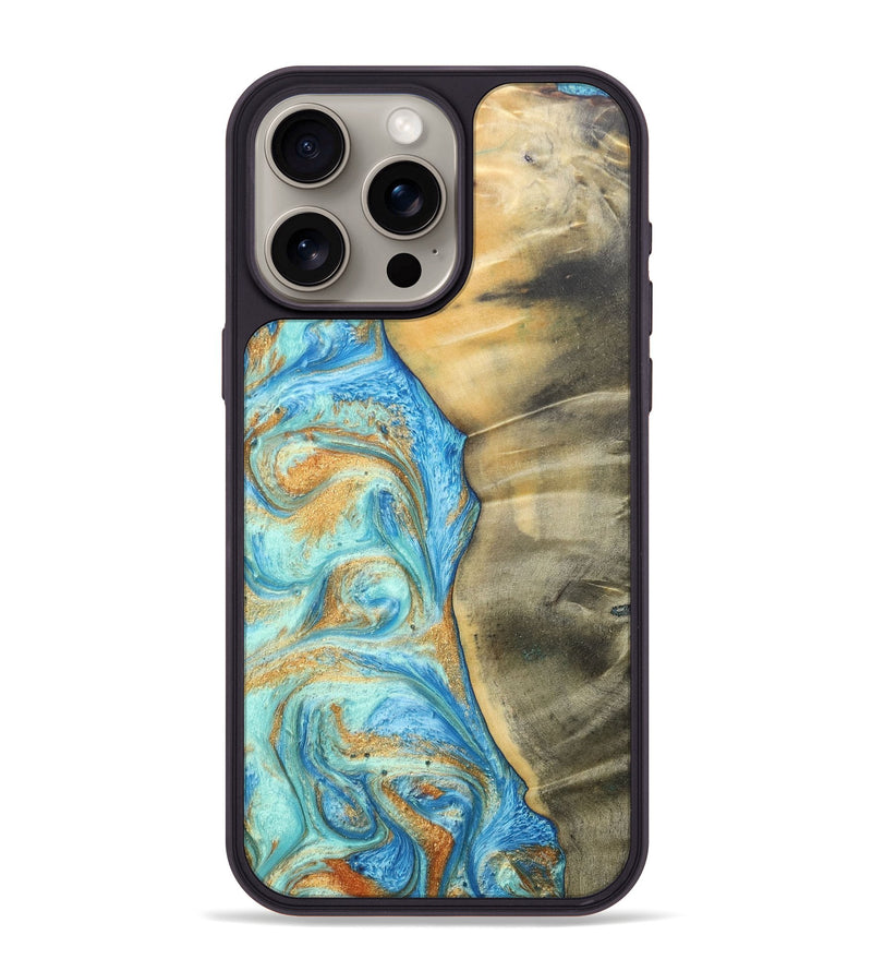 iPhone 15 Pro Max Wood+Resin Phone Case - Malik (Teal & Gold, 686585)