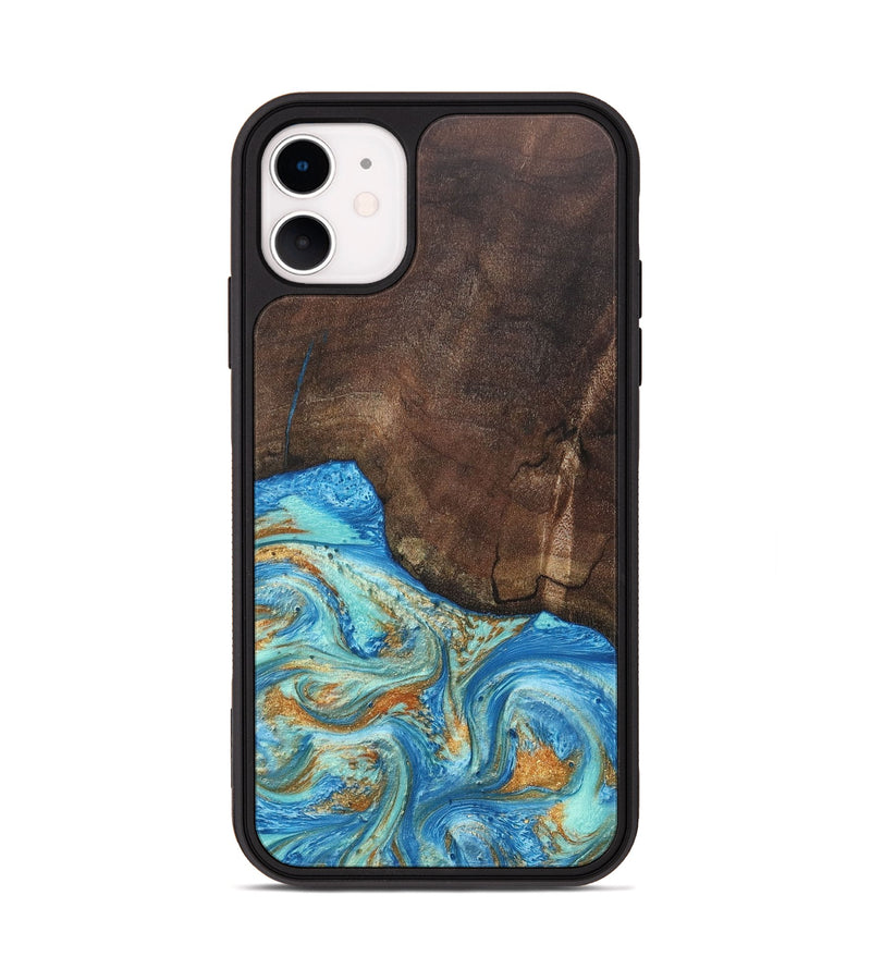 iPhone 11 Wood+Resin Phone Case - Aiden (Teal & Gold, 686590)
