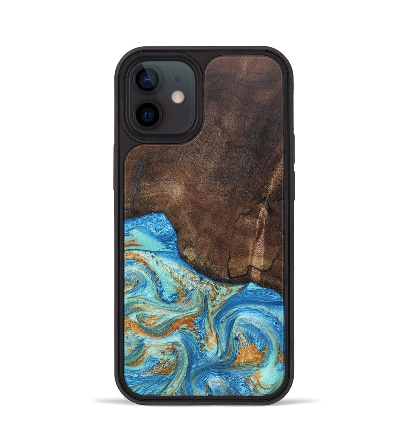iPhone 12 Wood+Resin Phone Case - Aiden (Teal & Gold, 686590)
