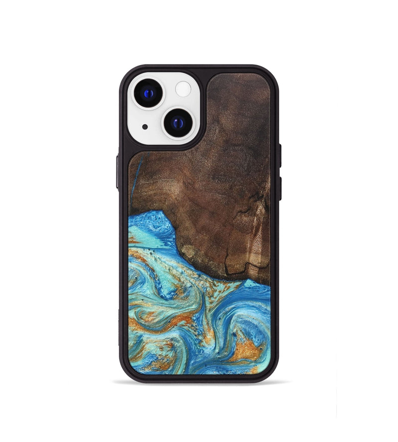 iPhone 13 mini Wood+Resin Phone Case - Aiden (Teal & Gold, 686590)