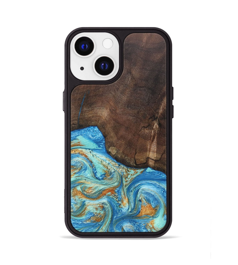 iPhone 13 Wood+Resin Phone Case - Aiden (Teal & Gold, 686590)