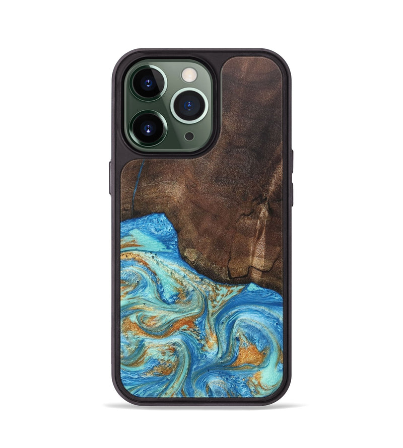 iPhone 13 Pro Wood+Resin Phone Case - Aiden (Teal & Gold, 686590)