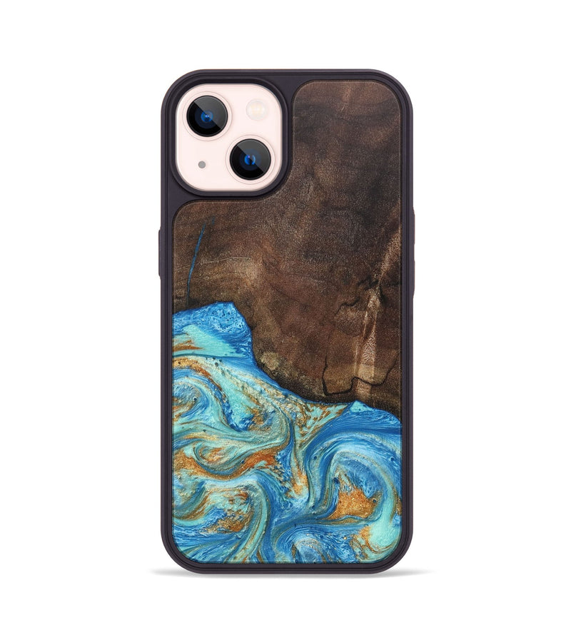 iPhone 14 Wood+Resin Phone Case - Aiden (Teal & Gold, 686590)