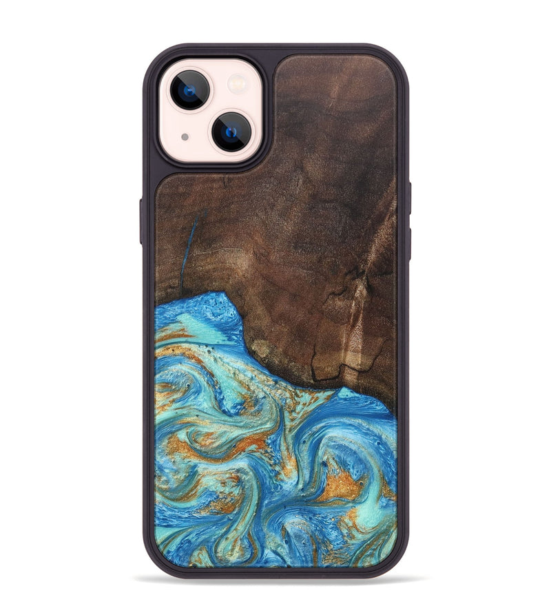 iPhone 14 Plus Wood+Resin Phone Case - Aiden (Teal & Gold, 686590)