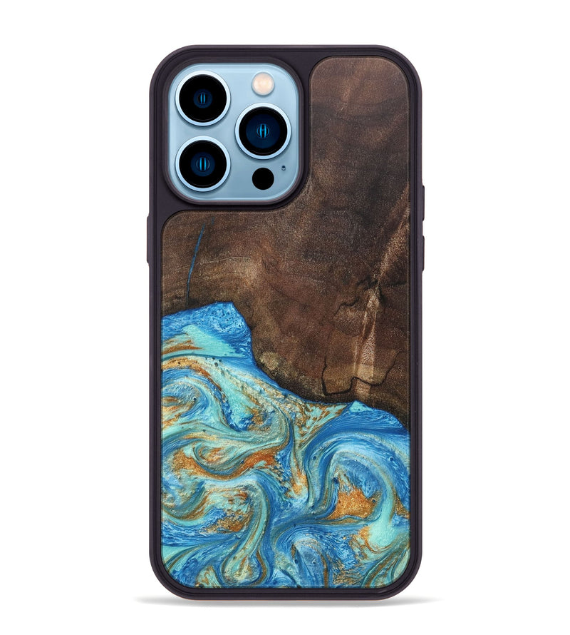 iPhone 14 Pro Max Wood+Resin Phone Case - Aiden (Teal & Gold, 686590)