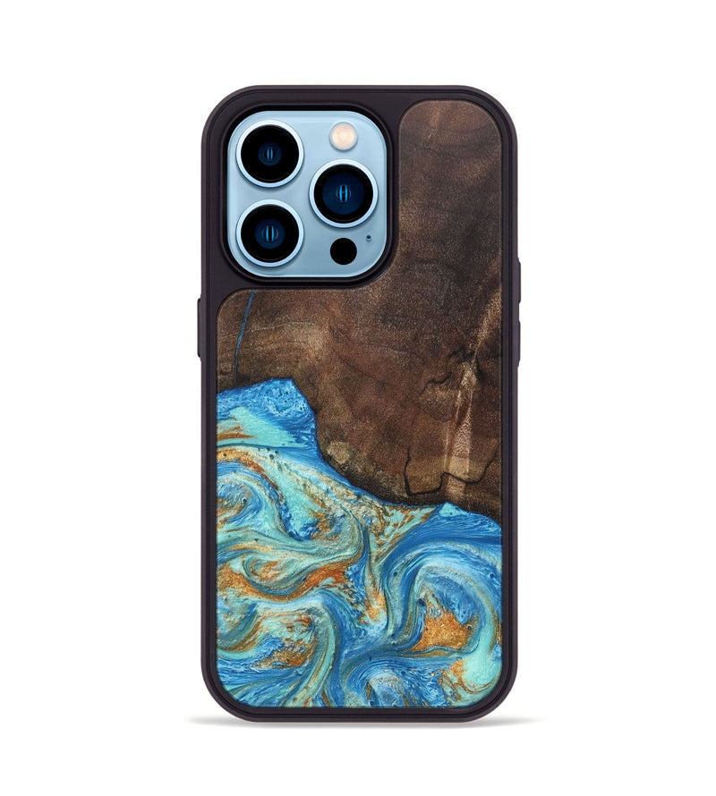 iPhone 14 Pro Wood+Resin Phone Case - Aiden (Teal & Gold, 686590)