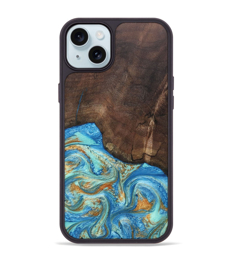 iPhone 15 Plus Wood+Resin Phone Case - Aiden (Teal & Gold, 686590)