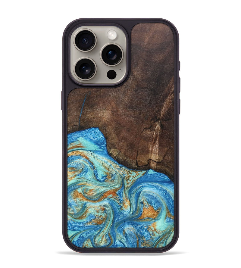 iPhone 15 Pro Max Wood+Resin Phone Case - Aiden (Teal & Gold, 686590)