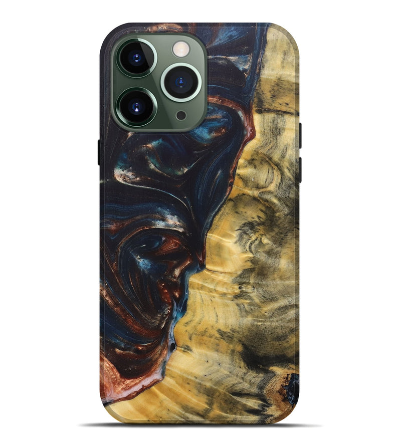 iPhone 13 Pro Max Wood+Resin Live Edge Phone Case - Arielle (Teal & Gold, 687014)