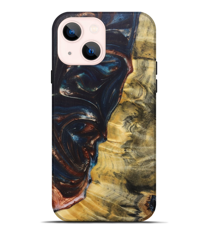 iPhone 14 Plus Wood+Resin Live Edge Phone Case - Arielle (Teal & Gold, 687014)