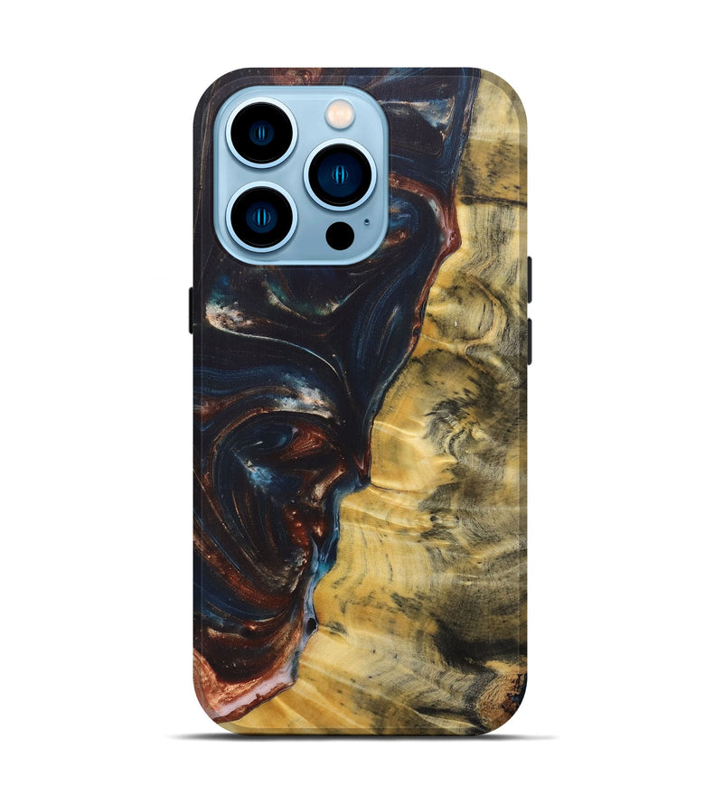 iPhone 14 Pro Wood+Resin Live Edge Phone Case - Arielle (Teal & Gold, 687014)