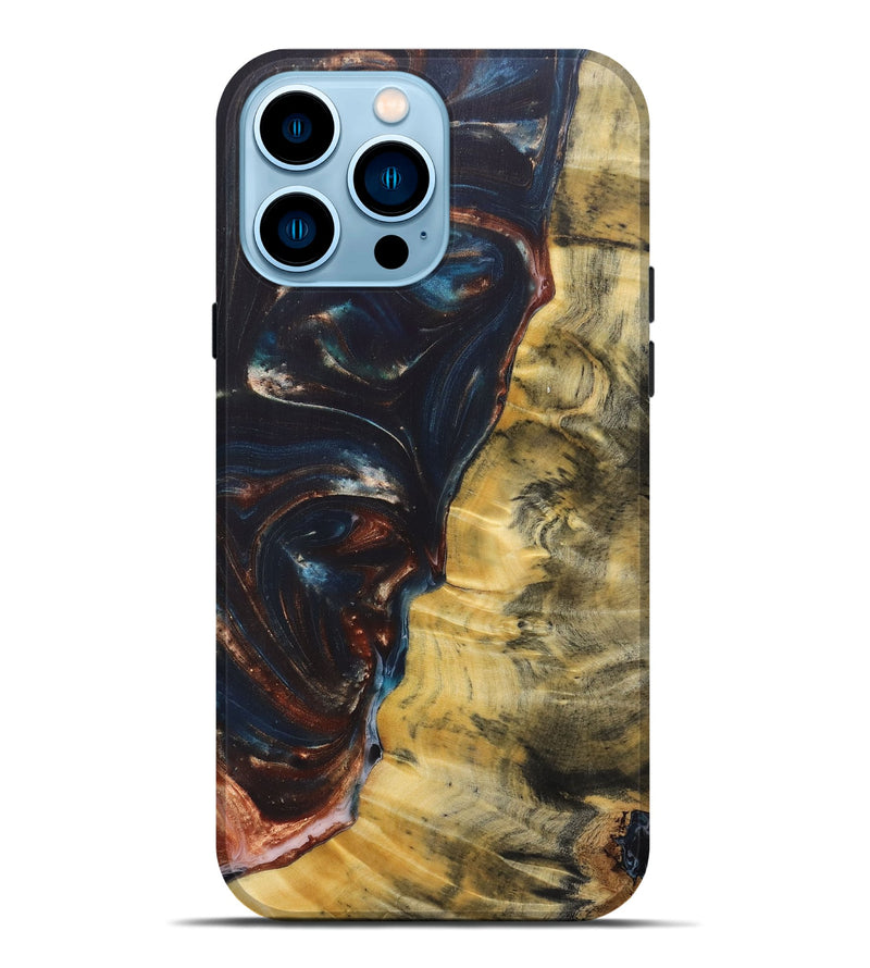 iPhone 14 Pro Max Wood+Resin Live Edge Phone Case - Arielle (Teal & Gold, 687014)