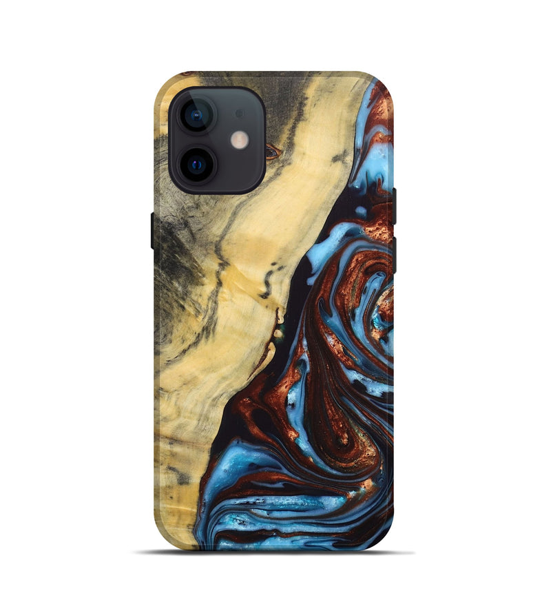 iPhone 12 mini Wood+Resin Live Edge Phone Case - Julianna (Teal & Gold, 687029)