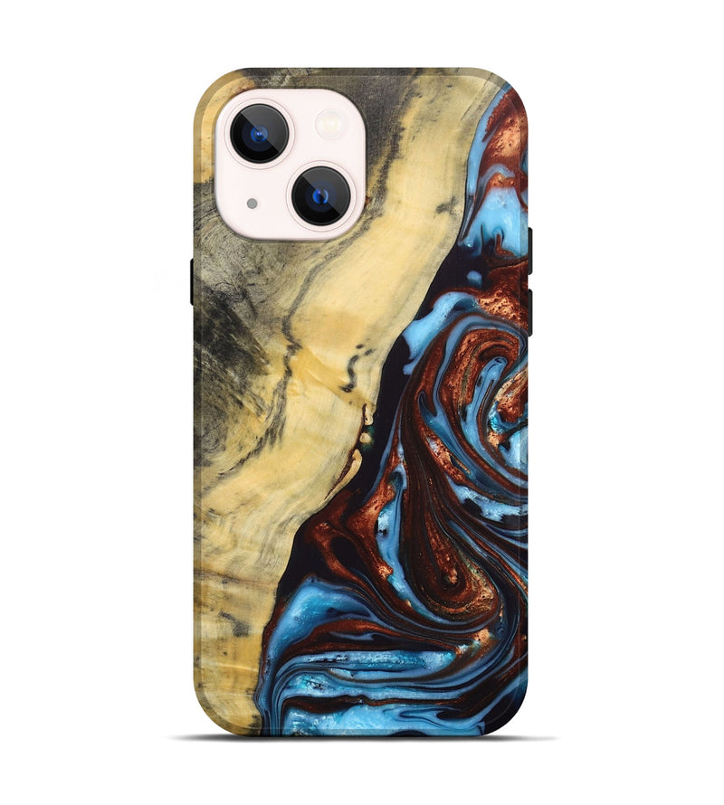 iPhone 14 Wood+Resin Live Edge Phone Case - Julianna (Teal & Gold, 687029)