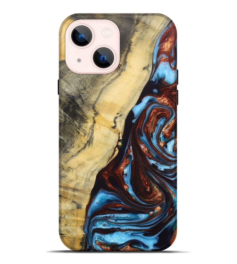 iPhone 14 Plus Wood+Resin Live Edge Phone Case - Julianna (Teal & Gold, 687029)