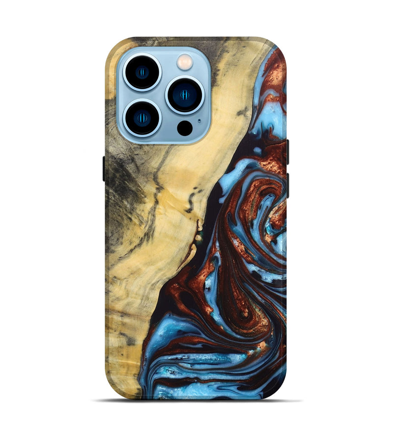 iPhone 14 Pro Wood+Resin Live Edge Phone Case - Julianna (Teal & Gold, 687029)