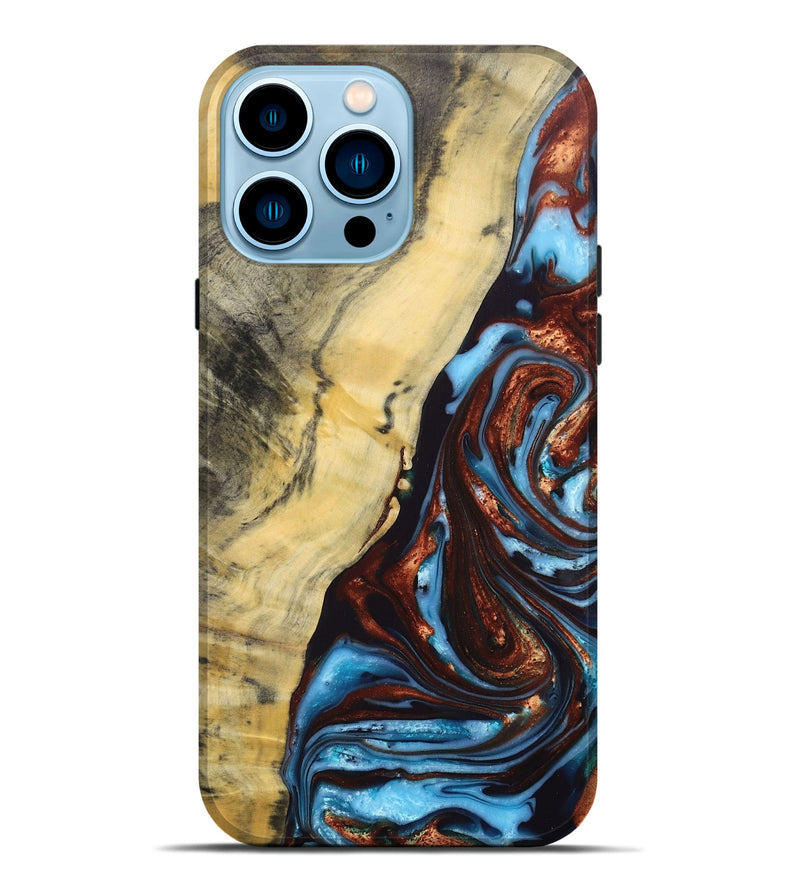 iPhone 14 Pro Max Wood+Resin Live Edge Phone Case - Julianna (Teal & Gold, 687029)