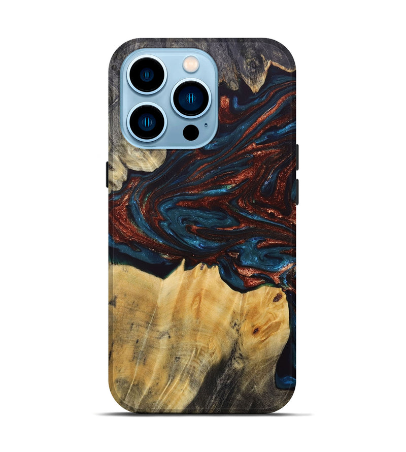 iPhone 14 Pro Wood+Resin Live Edge Phone Case - Ellis (Teal & Gold, 688288)
