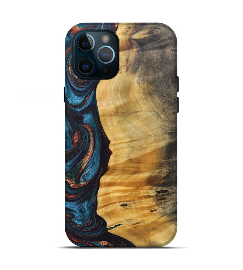 iPhone 12 Pro Wood+Resin Live Edge Phone Case - Rene (Teal & Gold, 688292)