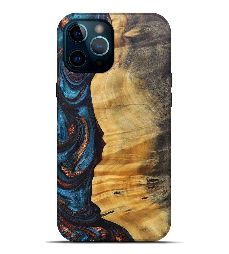 iPhone 12 Pro Max Wood+Resin Live Edge Phone Case - Rene (Teal & Gold, 688292)
