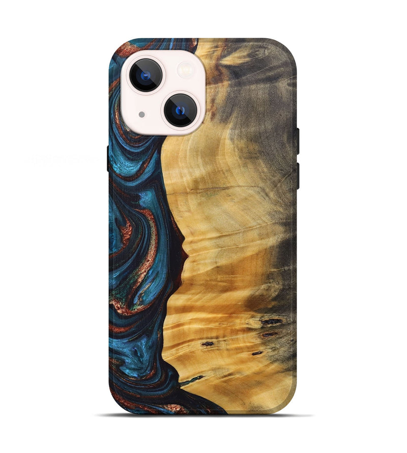 iPhone 13 Wood+Resin Live Edge Phone Case - Rene (Teal & Gold, 688292)