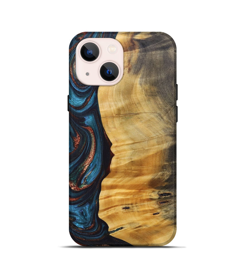 iPhone 13 mini Wood+Resin Live Edge Phone Case - Rene (Teal & Gold, 688292)