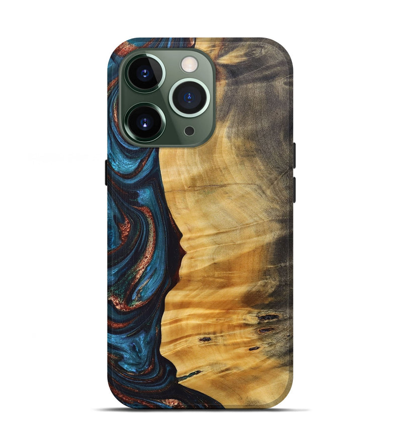 iPhone 13 Pro Wood+Resin Live Edge Phone Case - Rene (Teal & Gold, 688292)