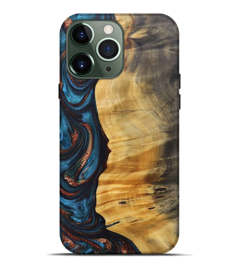 iPhone 13 Pro Max Wood+Resin Live Edge Phone Case - Rene (Teal & Gold, 688292)