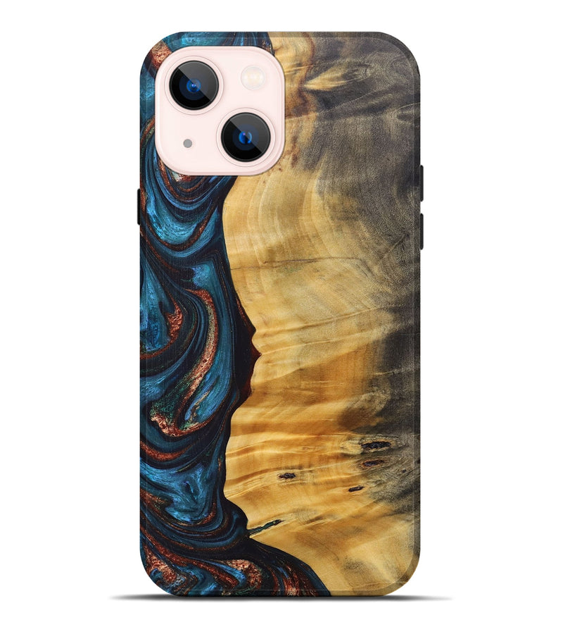 iPhone 14 Plus Wood+Resin Live Edge Phone Case - Rene (Teal & Gold, 688292)