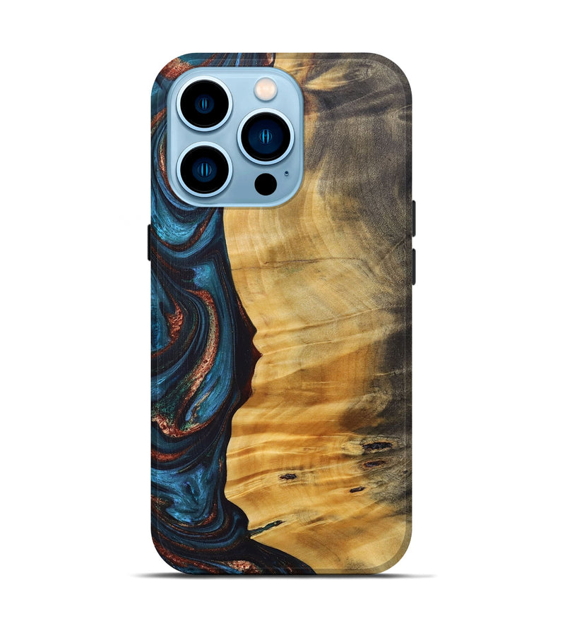iPhone 14 Pro Wood+Resin Live Edge Phone Case - Rene (Teal & Gold, 688292)