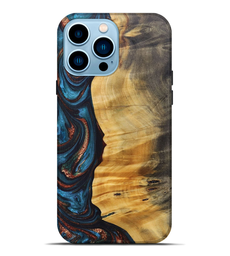 iPhone 14 Pro Max Wood+Resin Live Edge Phone Case - Rene (Teal & Gold, 688292)
