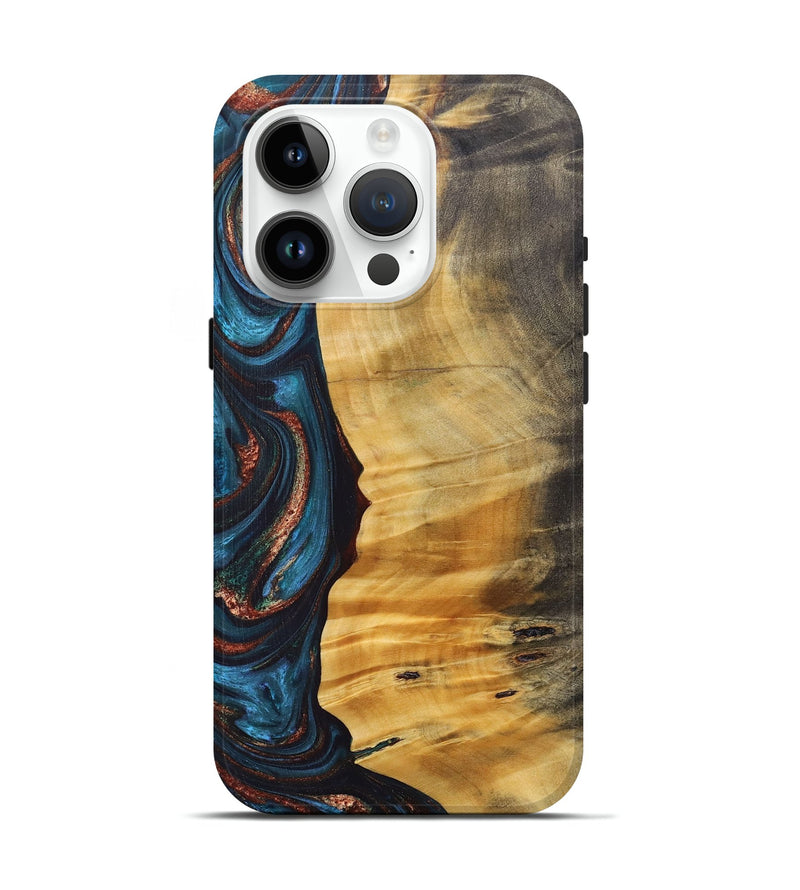 iPhone 15 Pro Wood+Resin Live Edge Phone Case - Rene (Teal & Gold, 688292)