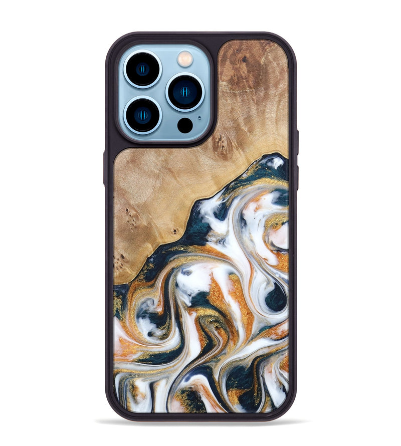 iPhone 14 Pro Max Wood+Resin Phone Case - Francine (Teal & Gold, 688470)