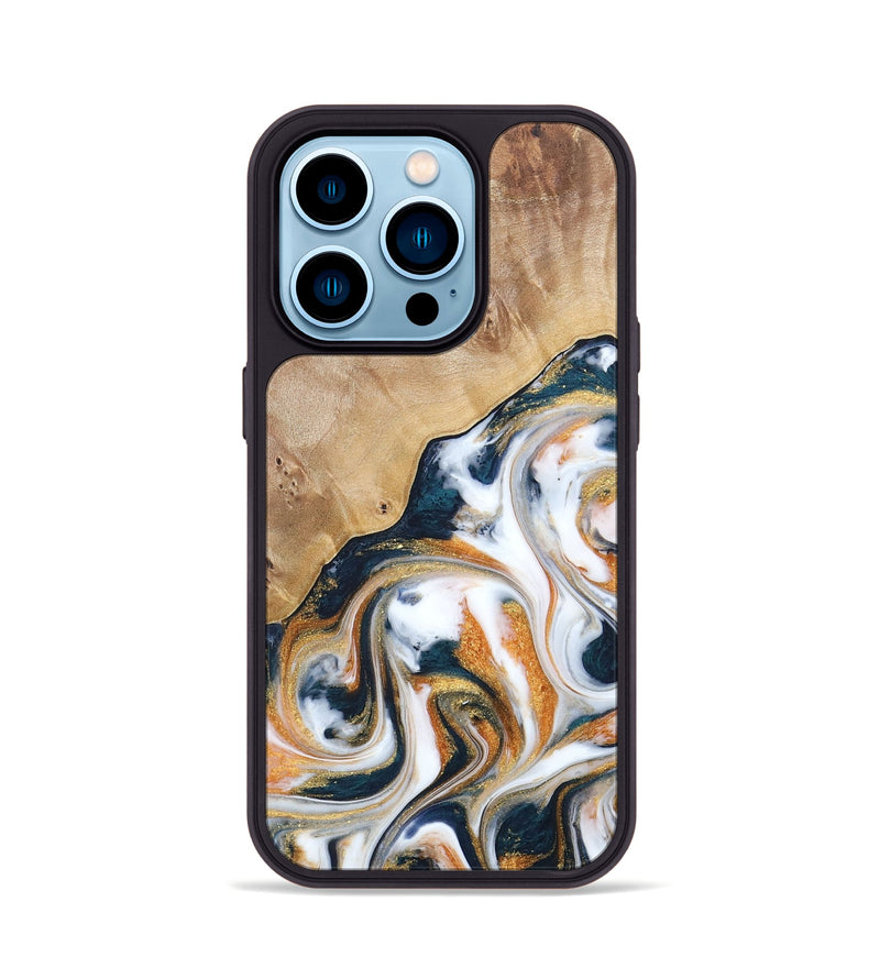 iPhone 14 Pro Wood+Resin Phone Case - Francine (Teal & Gold, 688470)