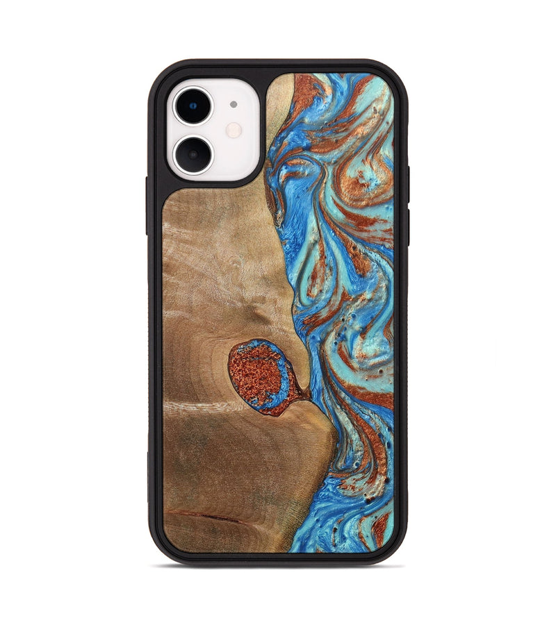 iPhone 11 Wood+Resin Phone Case - Nataly (Teal & Gold, 688923)