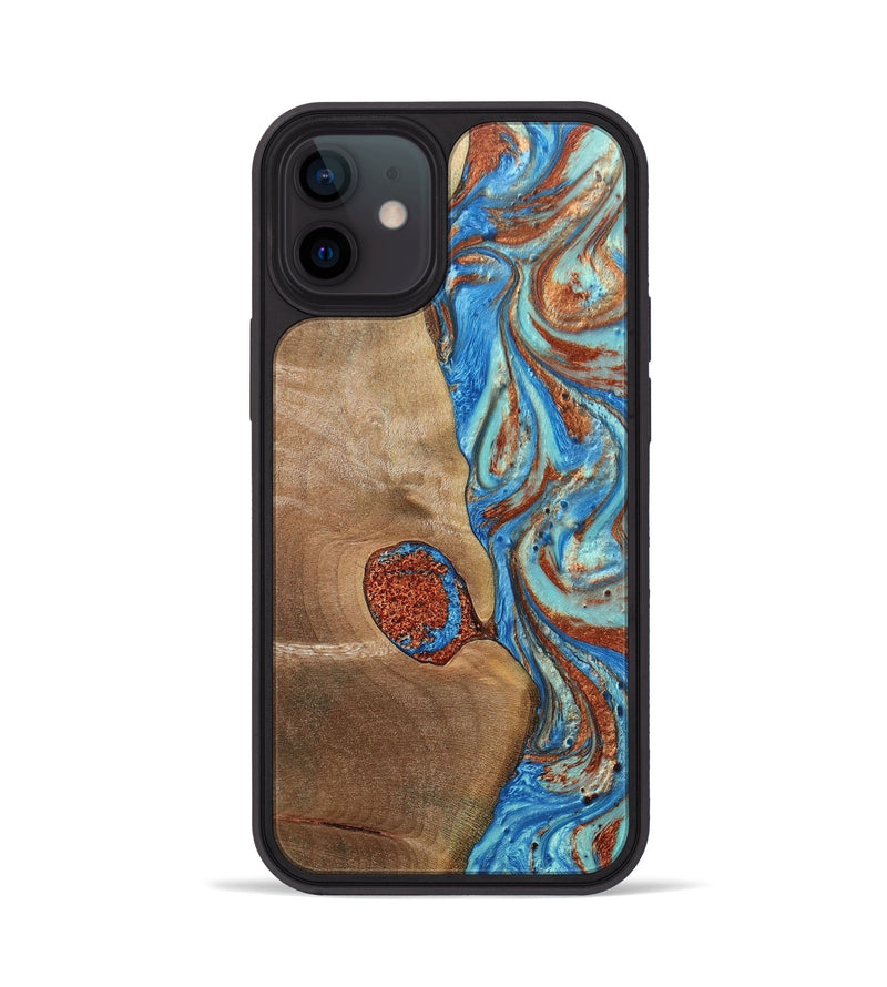 iPhone 12 Wood+Resin Phone Case - Nataly (Teal & Gold, 688923)