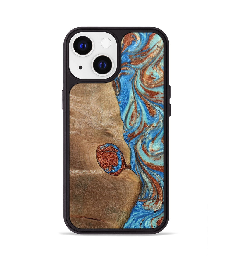 iPhone 13 Wood+Resin Phone Case - Nataly (Teal & Gold, 688923)