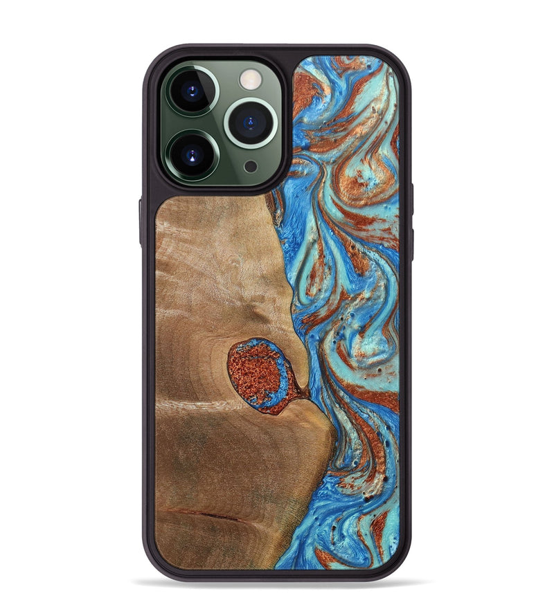 iPhone 13 Pro Max Wood+Resin Phone Case - Nataly (Teal & Gold, 688923)