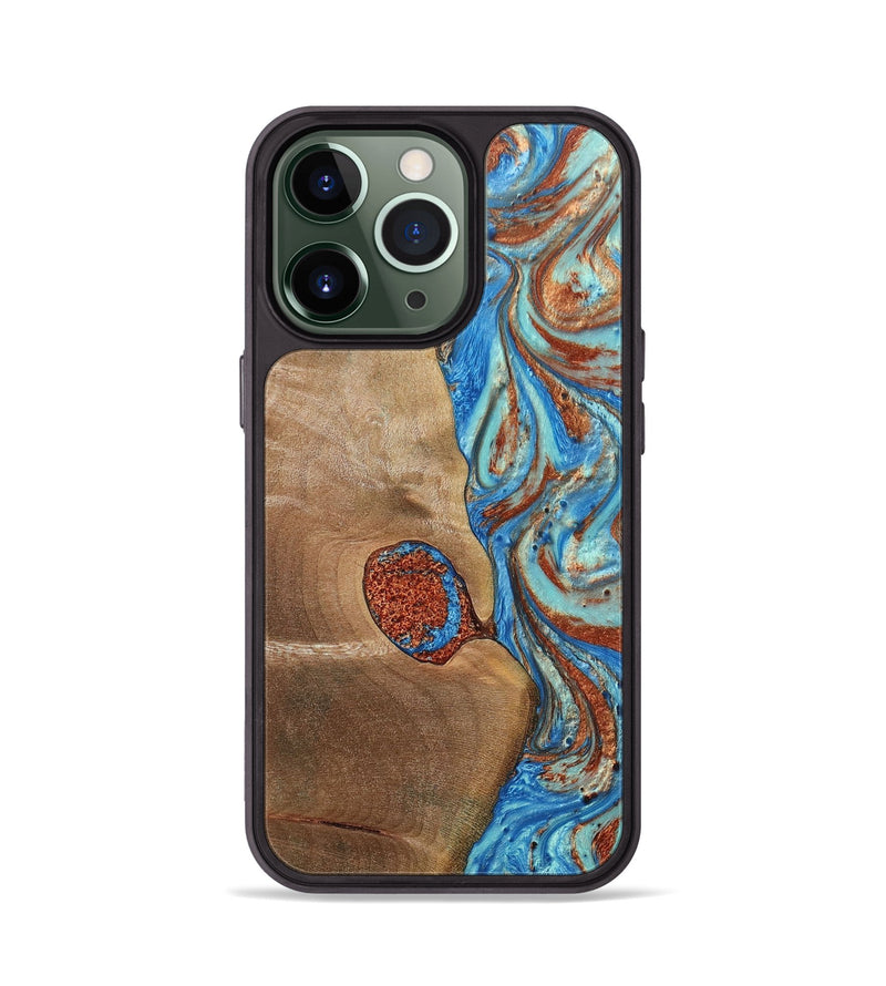 iPhone 13 Pro Wood+Resin Phone Case - Nataly (Teal & Gold, 688923)
