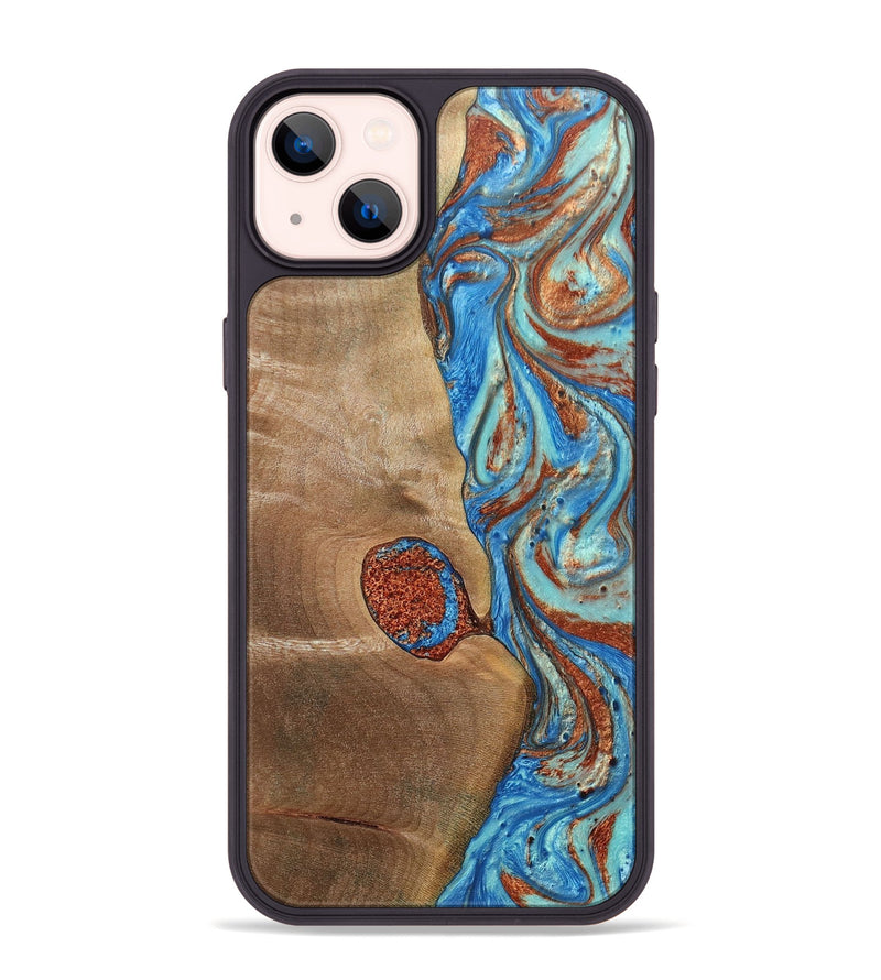 iPhone 14 Plus Wood+Resin Phone Case - Nataly (Teal & Gold, 688923)