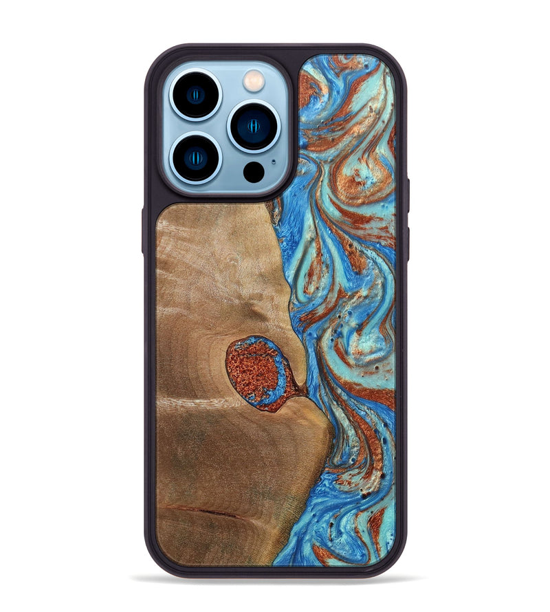 iPhone 14 Pro Max Wood+Resin Phone Case - Nataly (Teal & Gold, 688923)