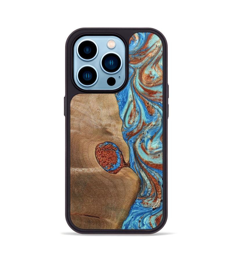 iPhone 14 Pro Wood+Resin Phone Case - Nataly (Teal & Gold, 688923)