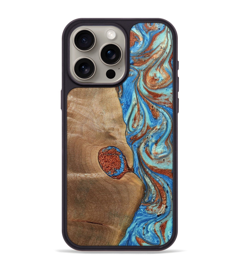 iPhone 15 Pro Max Wood+Resin Phone Case - Nataly (Teal & Gold, 688923)