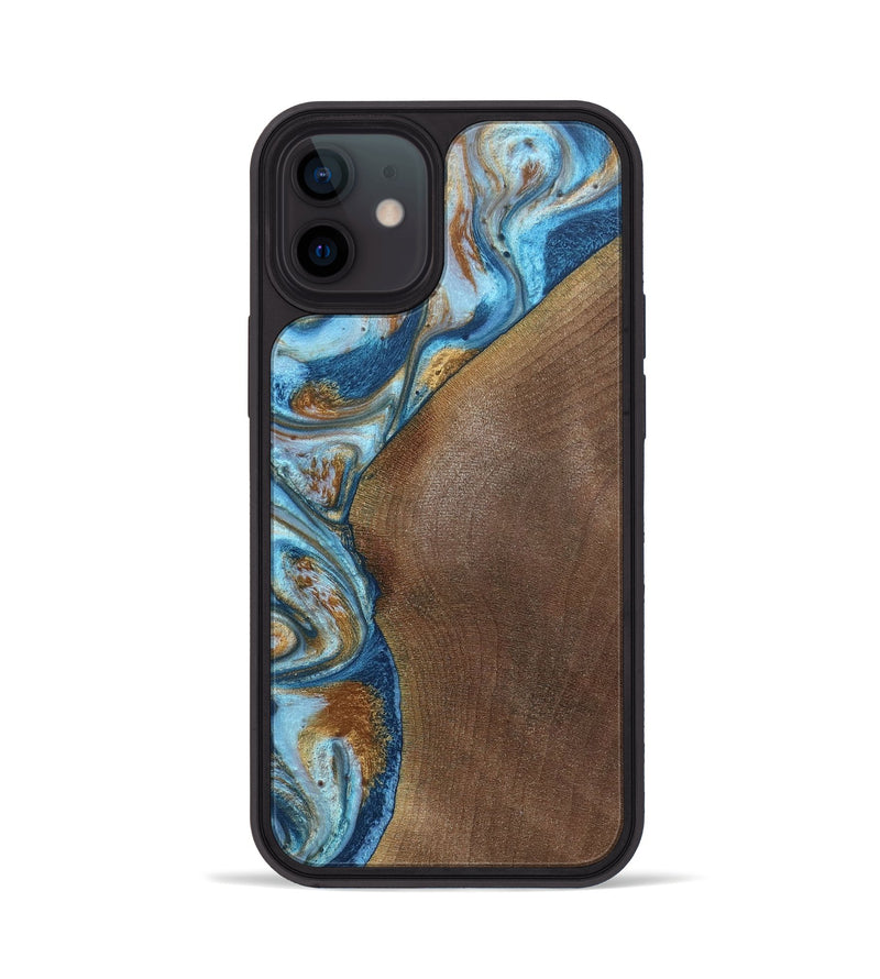 iPhone 12 Wood+Resin Phone Case - Lance (Teal & Gold, 688928)
