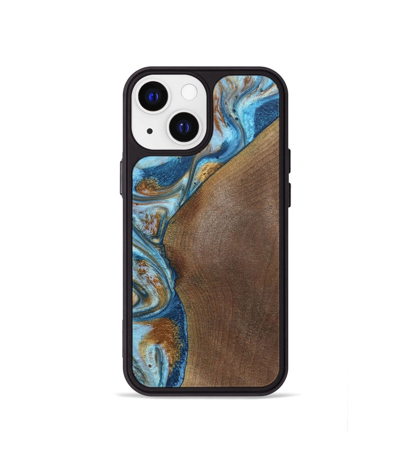iPhone 13 mini Wood+Resin Phone Case - Lance (Teal & Gold, 688928)
